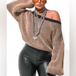 Pebby Forevee Telly Off Shoulder Sweater Striped Size L/XL Tan Black Slouchy